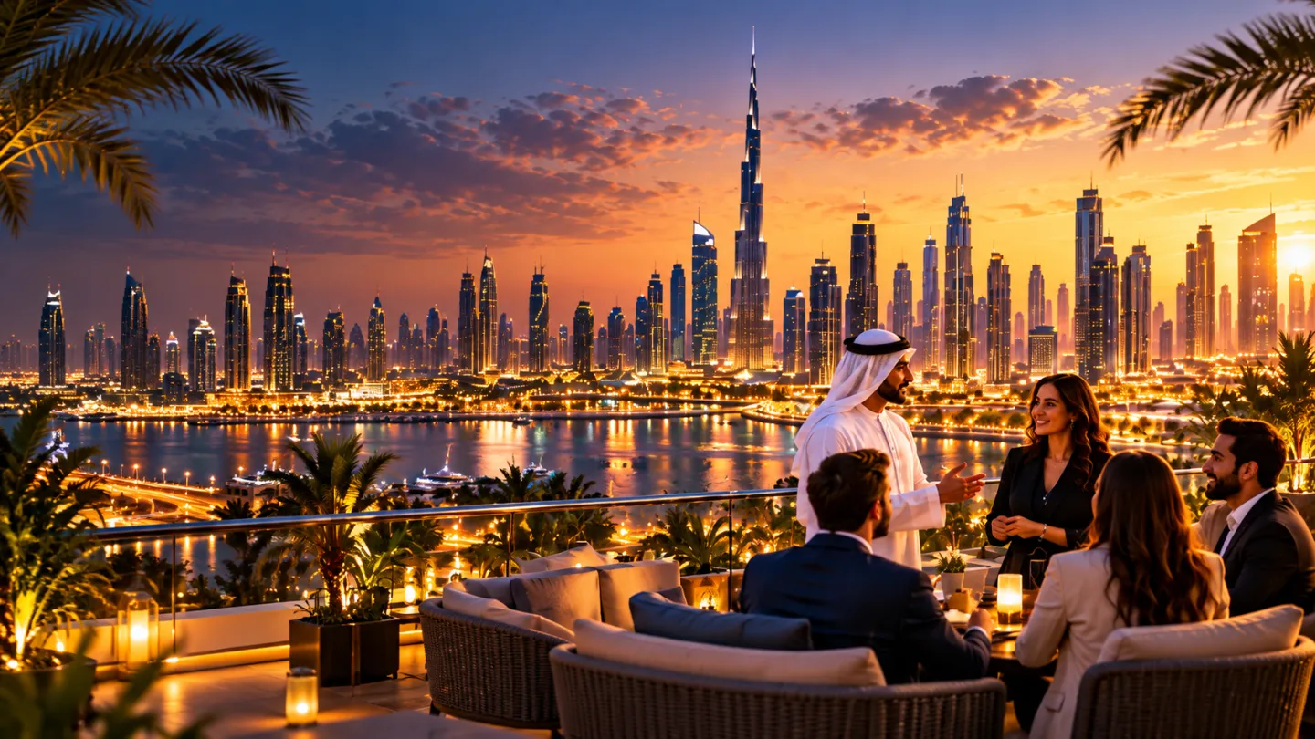 Professionals connecting across markets with a modern Dubai skyline